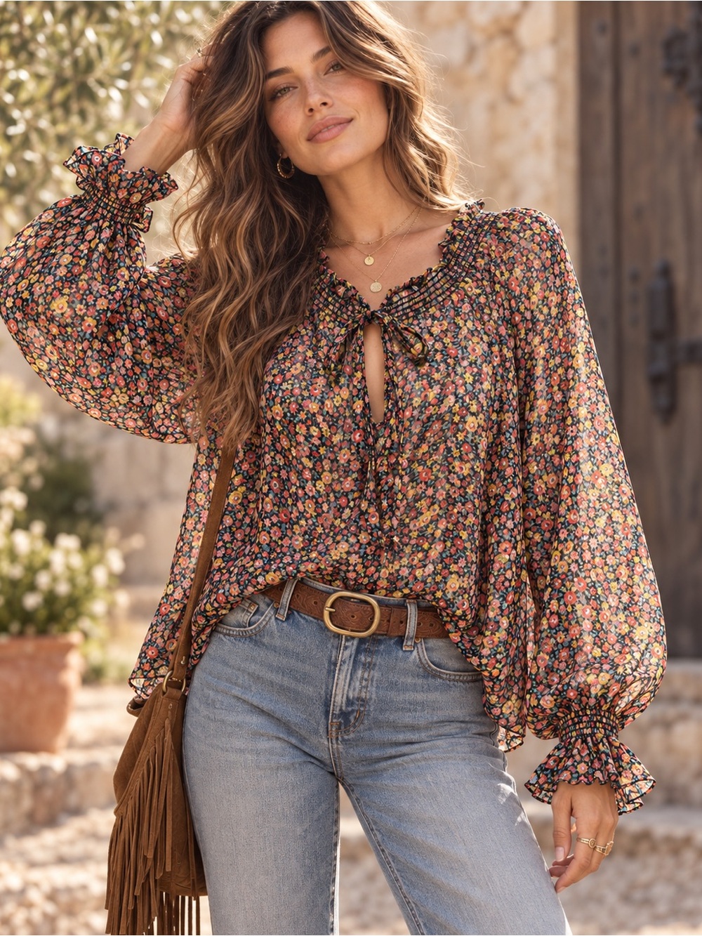 BuddyLove Floral Sheer Boho Blouse Size Small Ruffle Tie Neck Bishop Sleeve